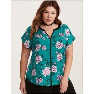 Torrid 2 Floral Print Contrast‎ Dolman Top - Teal Japanese Floral Satin Size 2X